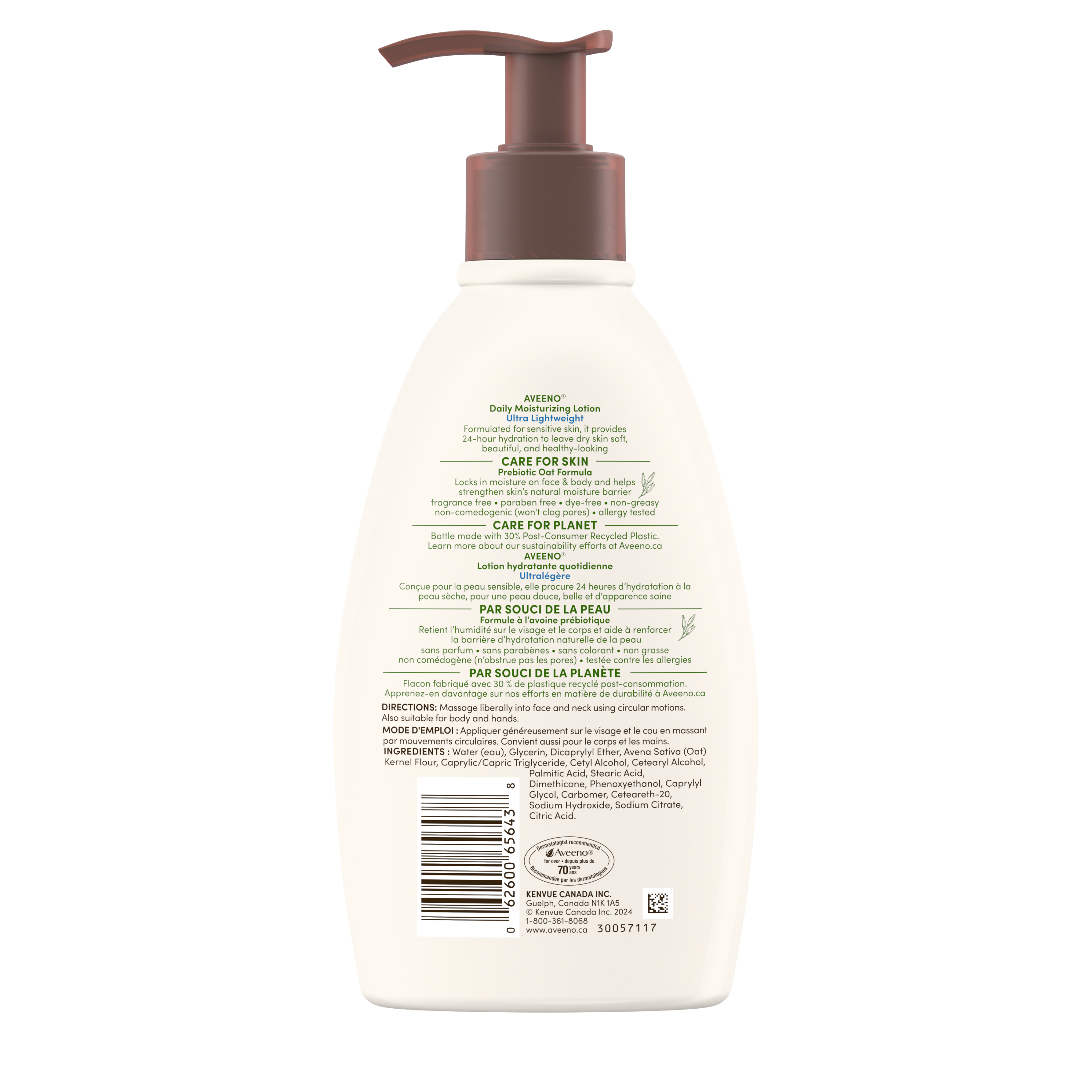 Photo de l’arrière d’une bouteille-pompe de 354 mL de la lotion hydratante quotidienne Aveeno® ultralégère