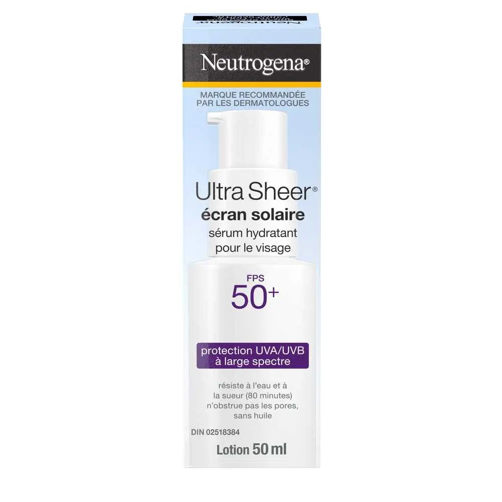 Boîte de 50 ml d’écran solaire Neutrogena Ultra Sheer avec FPS 50 en sérum hydratant pour le visage 