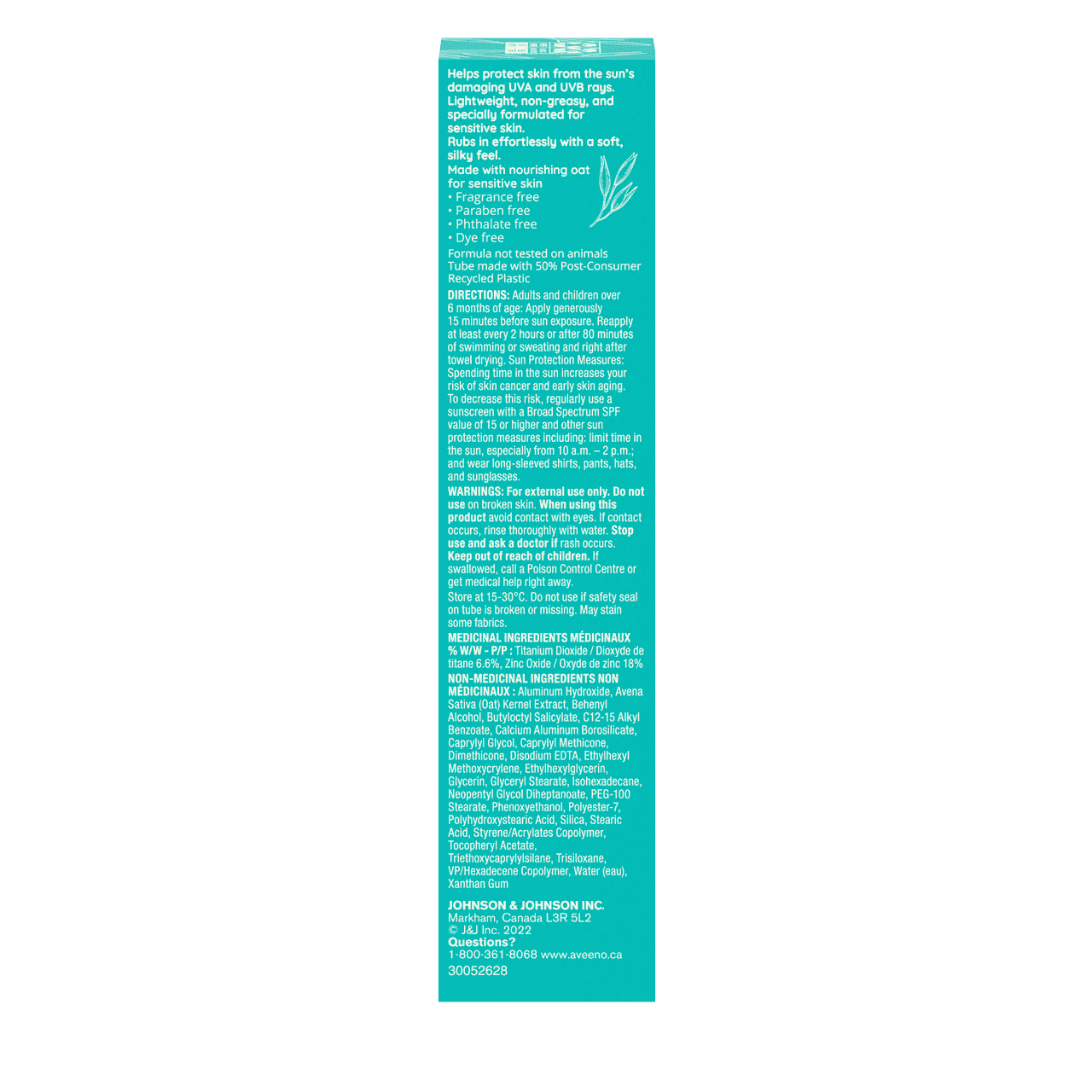 Packaging of AVEENO® Protect + Soothe Face Mineral Sunscreen for Sensitive Skin with SPF 30 back label