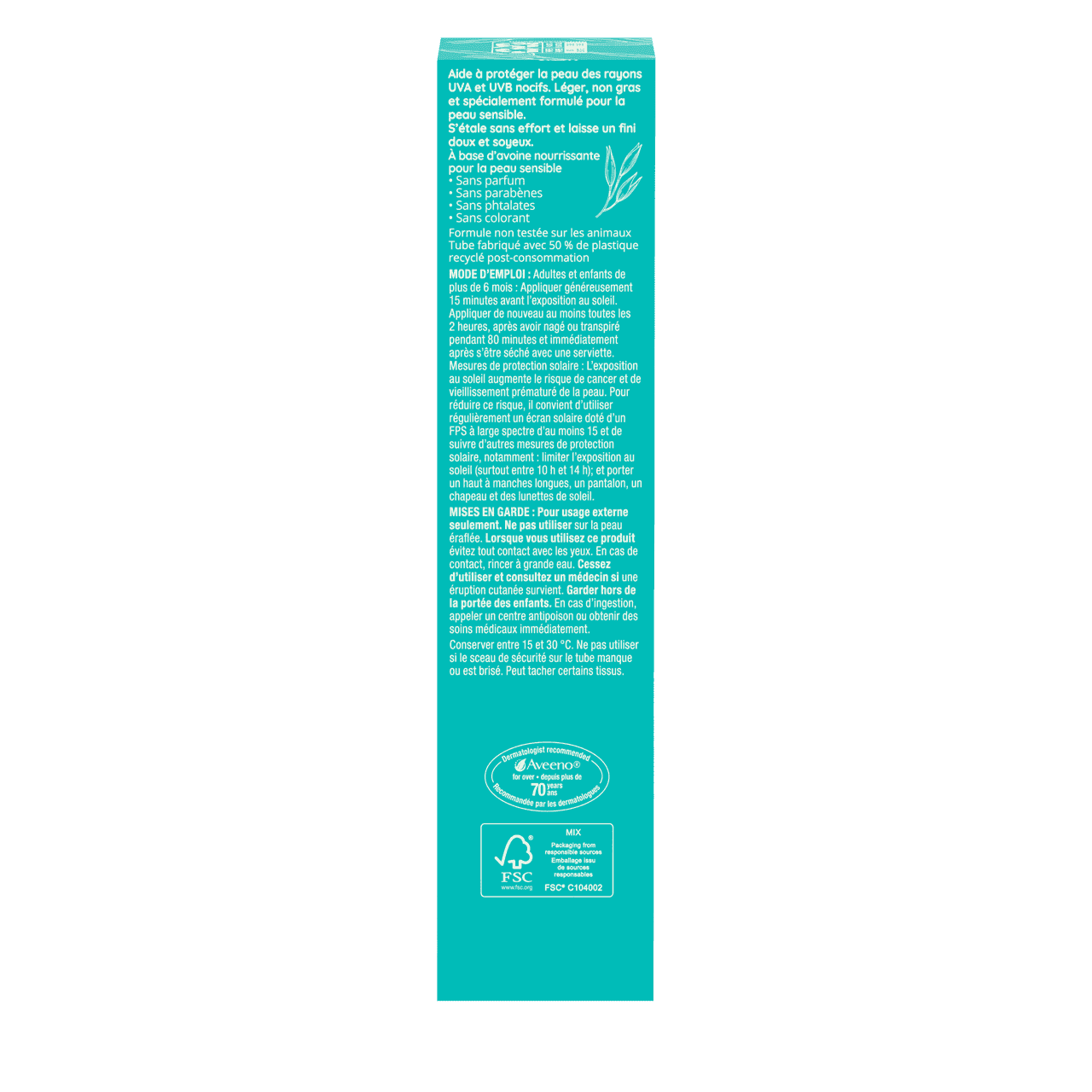 Arrière de l’emballage de l’écran solaire minéral AVEENO® Protect + Soothe Visage pour peau sensible, avec FPS 30