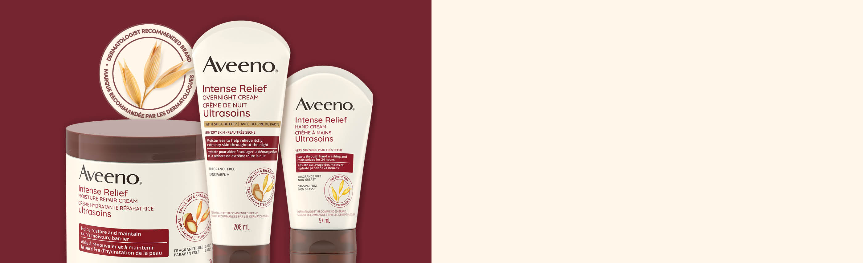 Bannière illustrant trois produits AVEENO® Ultrasoins, avec l'icône de la marque recommandée par les dermatologues en arrière-plan.