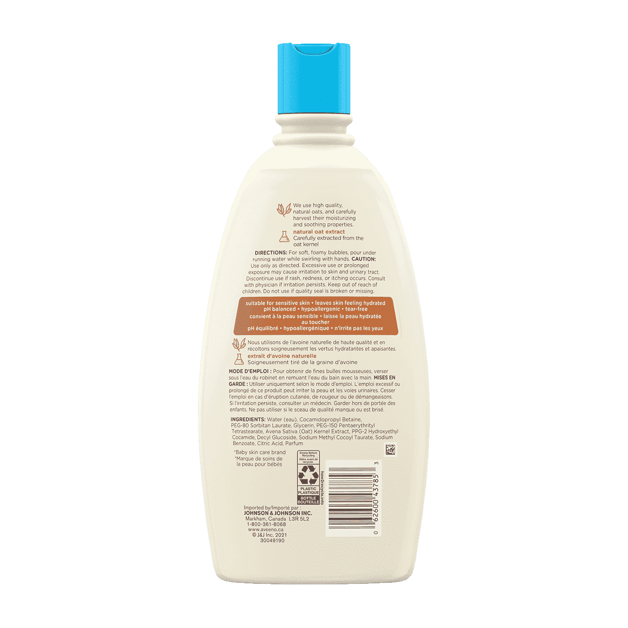 AVEENO® Baby Bubble Bath for Sensitive Skin bottle back label, 568ml