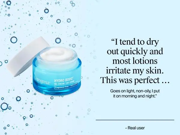 Front shot of Neutrogena Hydro Boost Gel Cream with open lid, showing the product inside next to a customer review