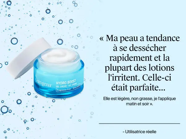 Photo de face du gel-crème Neutrogena Hydro Boost avec le couvercle ouvert, montrant le produit à l’intérieur à côté d’un avis client
