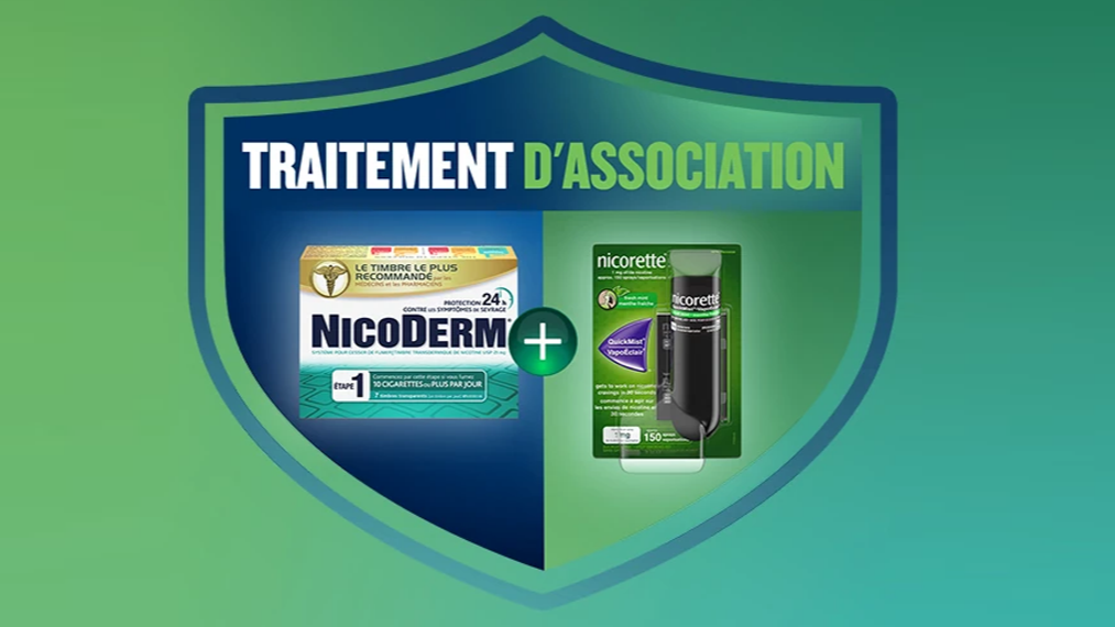 Traitement d'association pour arrêter de fumer avec le timbre NICODERM et le vaporisateur NICORETTE VapoÉclair.
