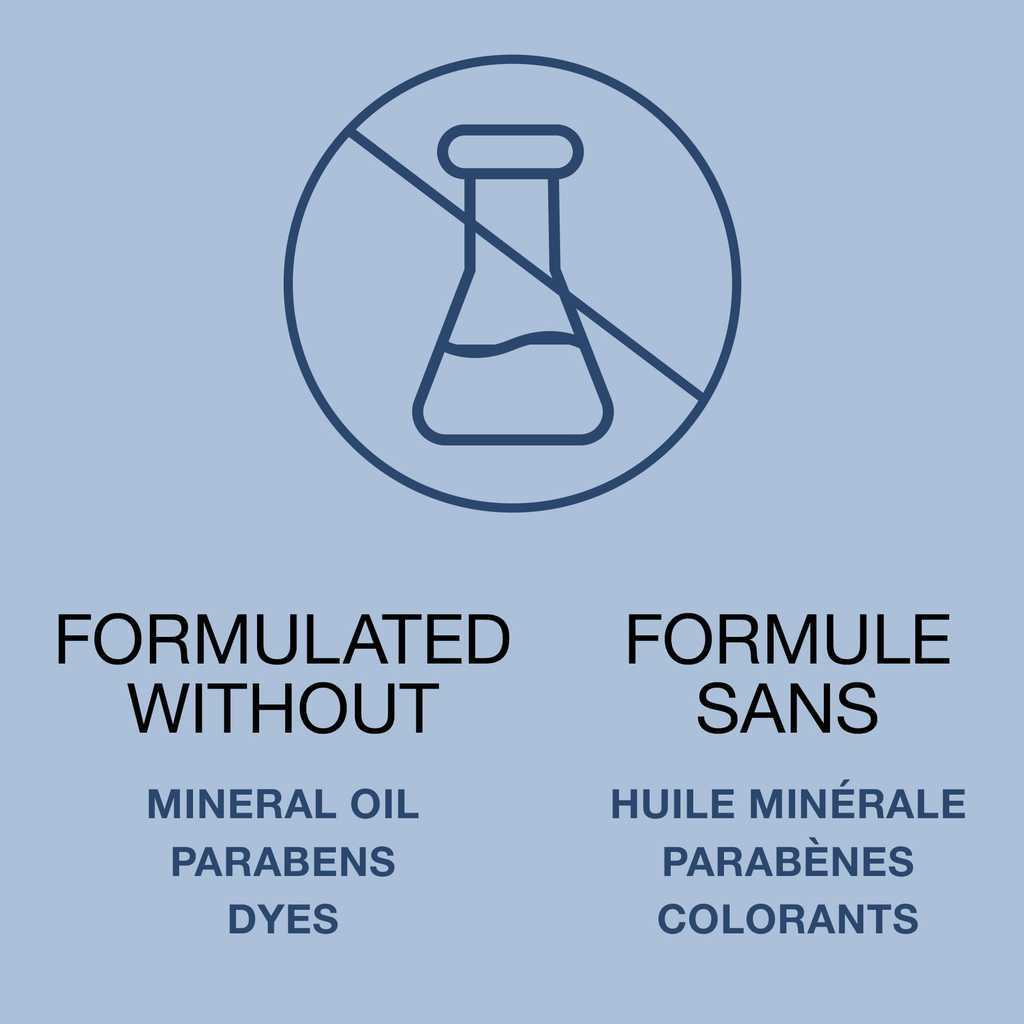 Texte disant «Formule sans huile minérale, parabènes, colorants»