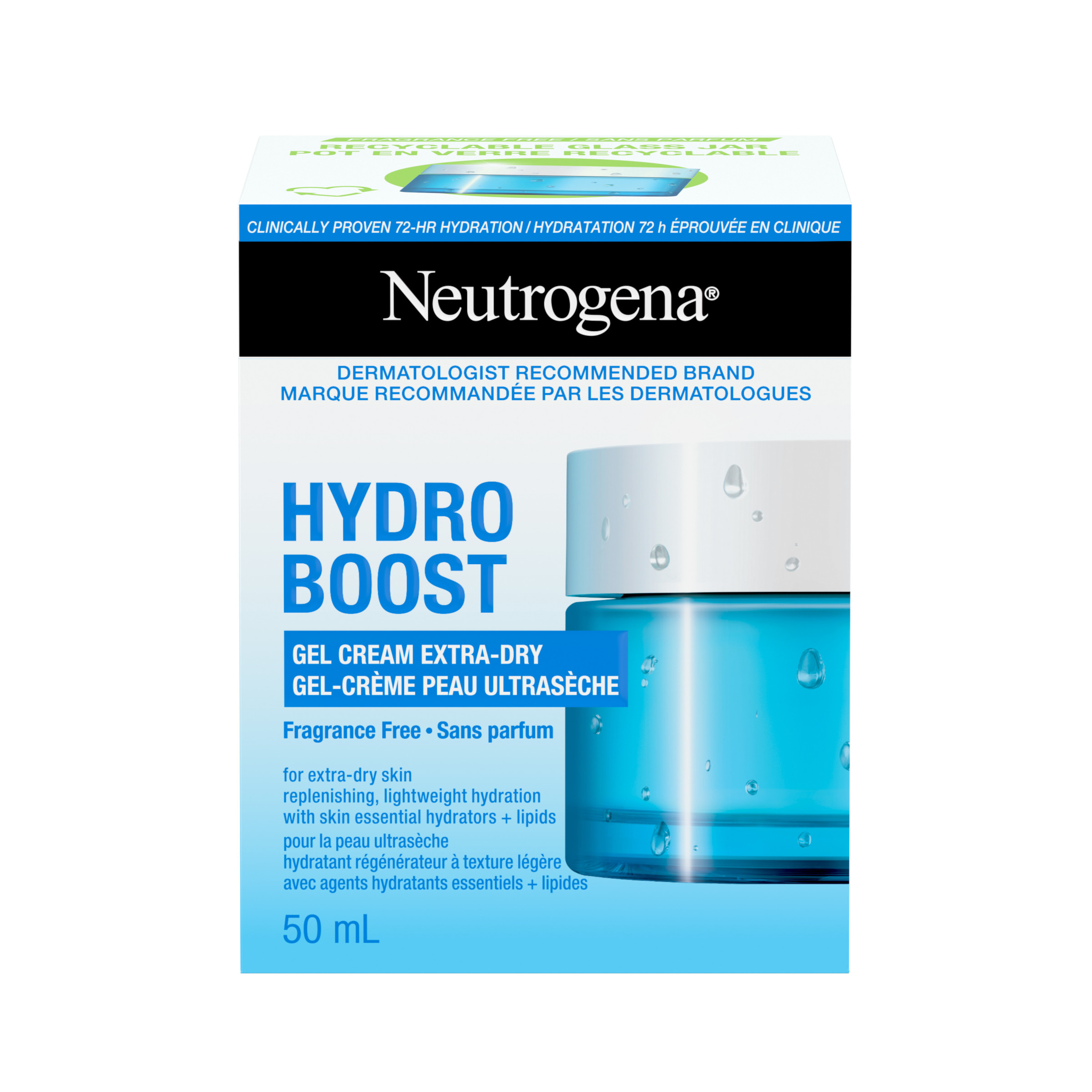 Front shot of NEUTROGENA® Hydro Boost Gel Cream Extra Dry, glass jar, 50 mL and its packaging 