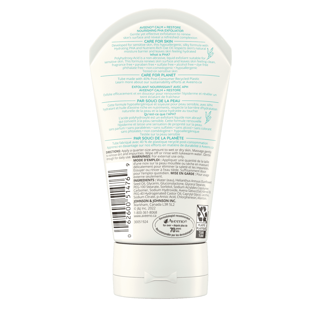 Back Shot of Tube of Aveeno® Calm + Restore Nourishing PHA Exfoliator in 118 mL