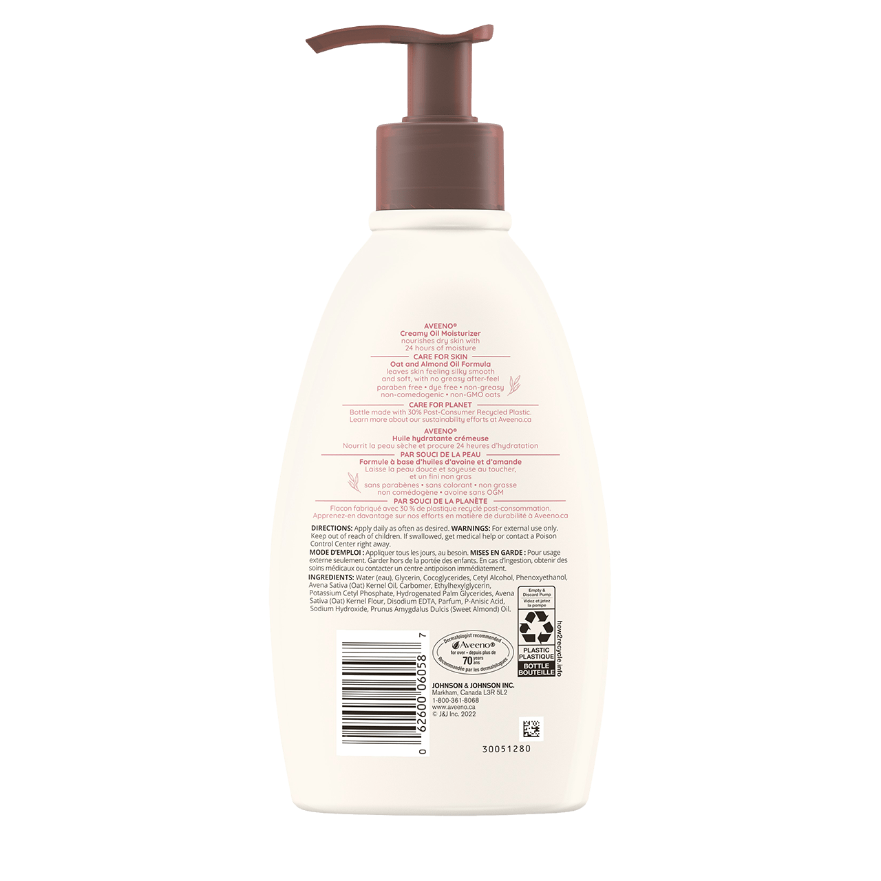 Arrière du flacon-pompe de 354 ml de l’huile hydratante crémeuse légèrement parfumée AVEENO®