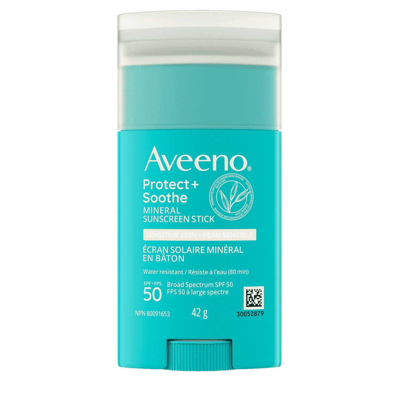 Bâton de 42 g de l’écran solaire minéral AVEENO® Protect + Soothe pour la peau sensible, FPS 50, 