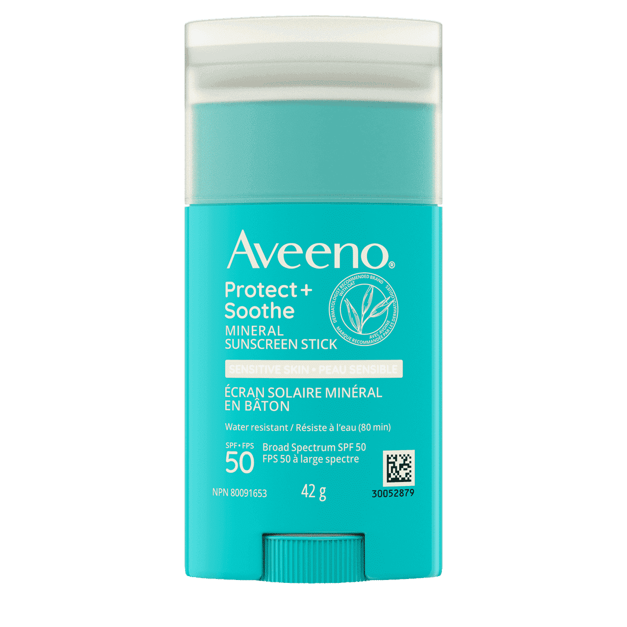 Bâton de 42 g de l’écran solaire minéral AVEENO® Protect + Soothe pour la peau sensible, FPS 50, 