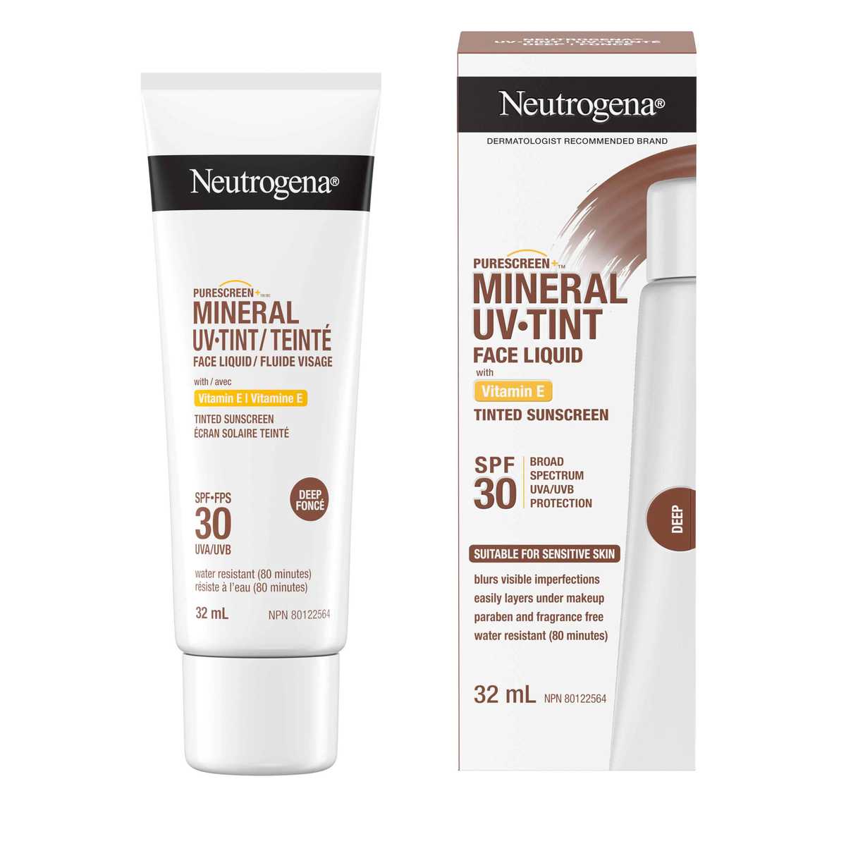 Front shot of NEUTROGENA® Purescreen+™ Mineral UV Tint Face Liquid Sunscreen, Deep, SPF 30, 32 mL squeeze tube and its packaging