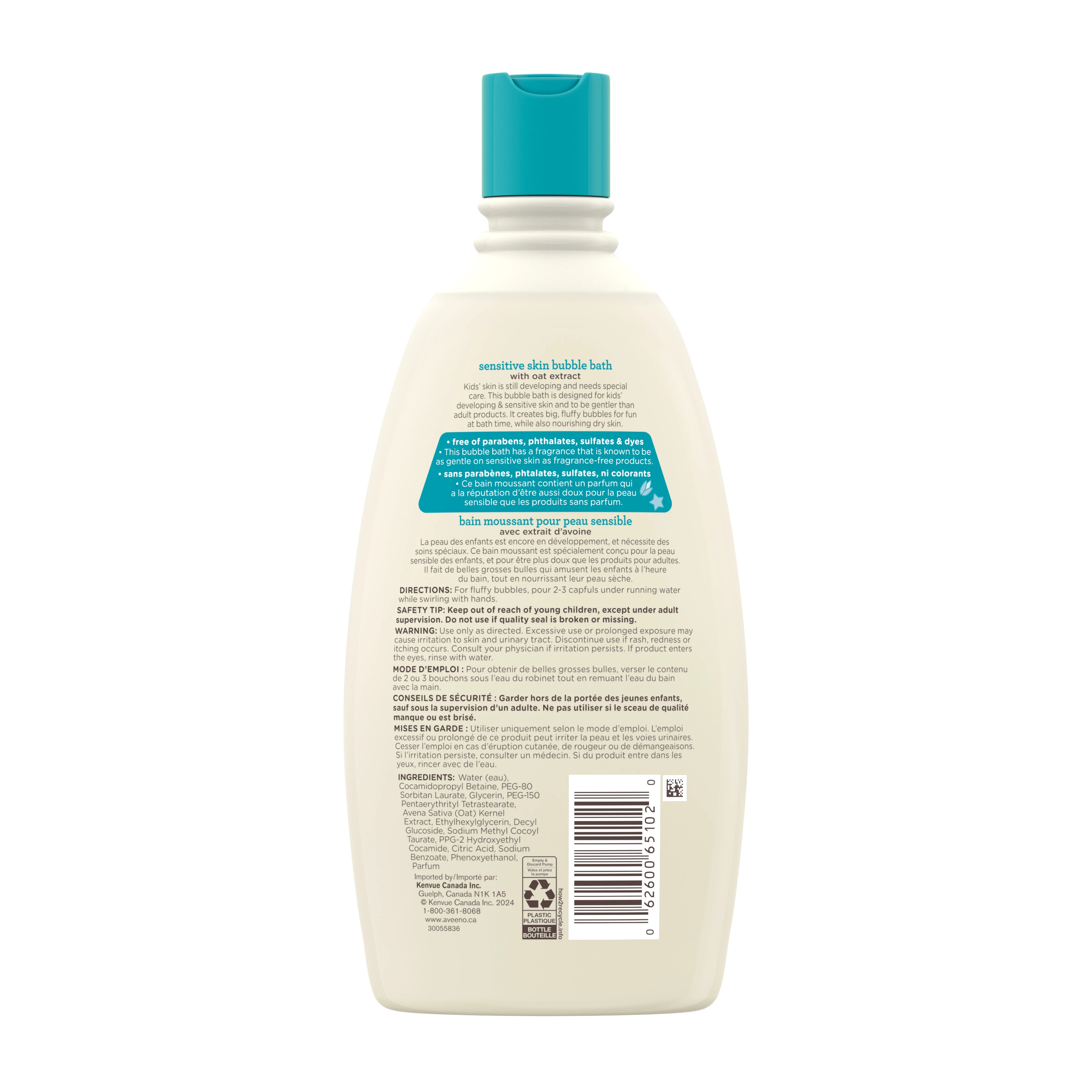 Back shot of AVEENO® Kids Bubble Bath, 568mL bottle