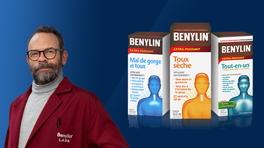 Bannière illustrant trois produits Benylin : Mal de gorge et toux; Tout-en-un; Toux sèche