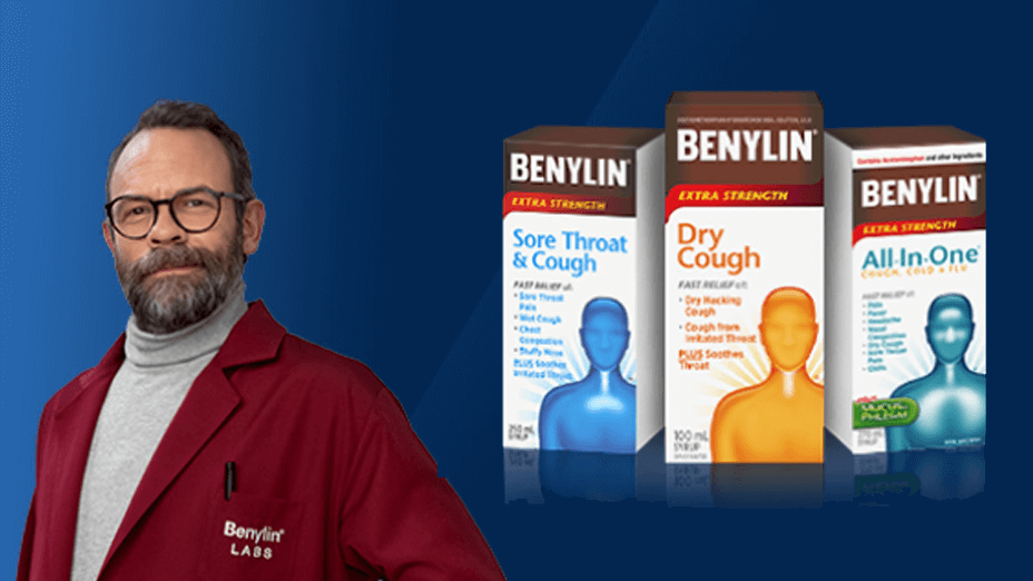 Banner containing 3 Benylin Products: Sore Throat & Cough, All in One, Dry Cough