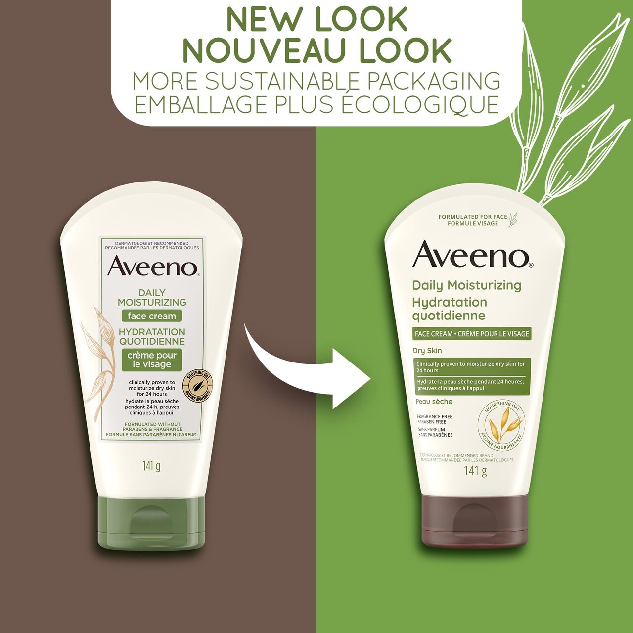 The old and new look of Aveeno Daily Moisturizing Face Cleanser bottles with a text indicating, ‘More sustainable packaging.'