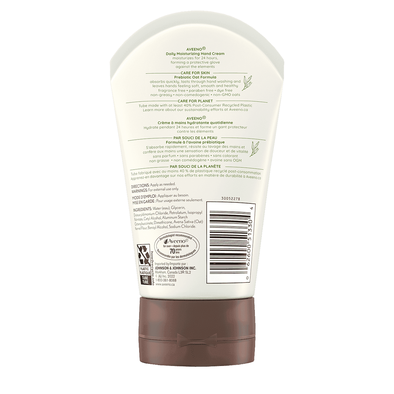 Tube de la crème à mains hydratante quotidienne Aveeno, Panneau arrière du Tube de 97 ml