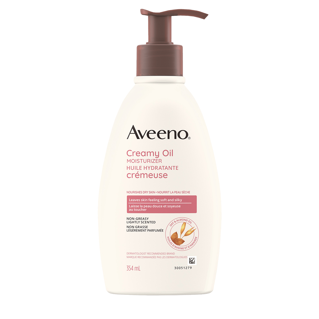 Avant du flacon-pompe de 354 ml de l’huile hydratante crémeuse légèrement parfumée AVEENO®