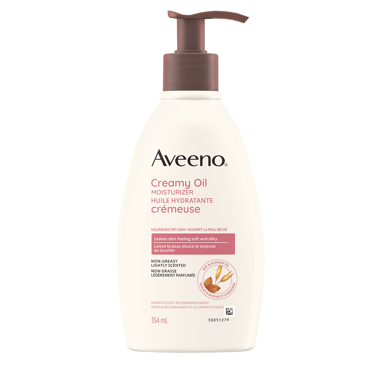 Avant du flacon-pompe de 354 ml de l’huile hydratante crémeuse légèrement parfumée AVEENO®