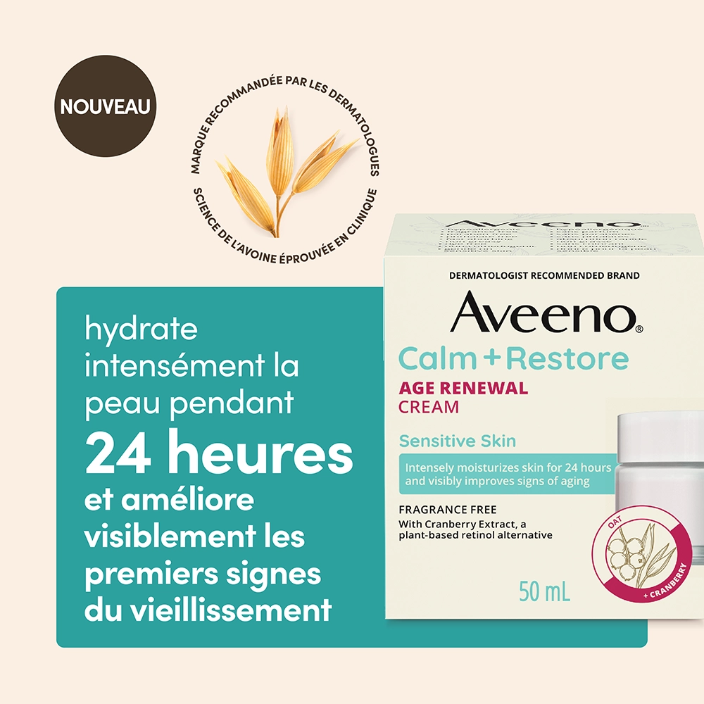 Photo du devant de l’emballage de la crème pour le visage AVEENO® régénérante antiâge Calm + Restore à côté du logo de marque recommandée par les dermatologues