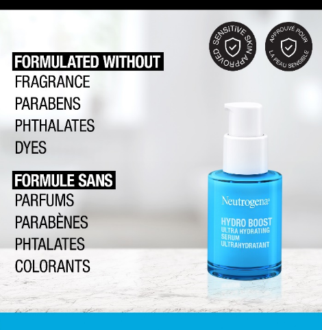 NEUTROGENA® Hydro Boost Ultra Hydrating Serum pump bottle with a logo stating, ' Sensitive skin approved' 