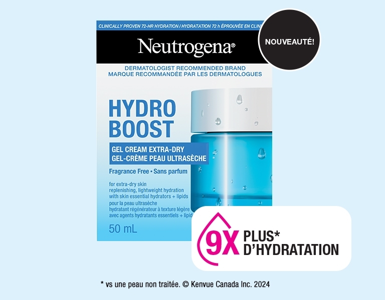 Photo de face du gel-crème Neutrogena® Hydro Boost pour peau très sèche indiquant une nouvelle formule