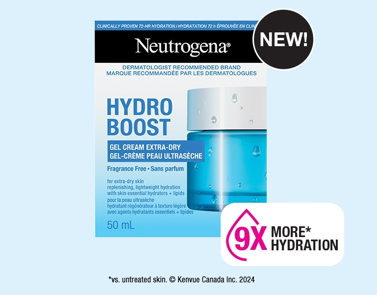 Front shot of Neutrogena® Hydro Boost Gel Cream for Extra-Dry Skin product packaging indicating a new formula