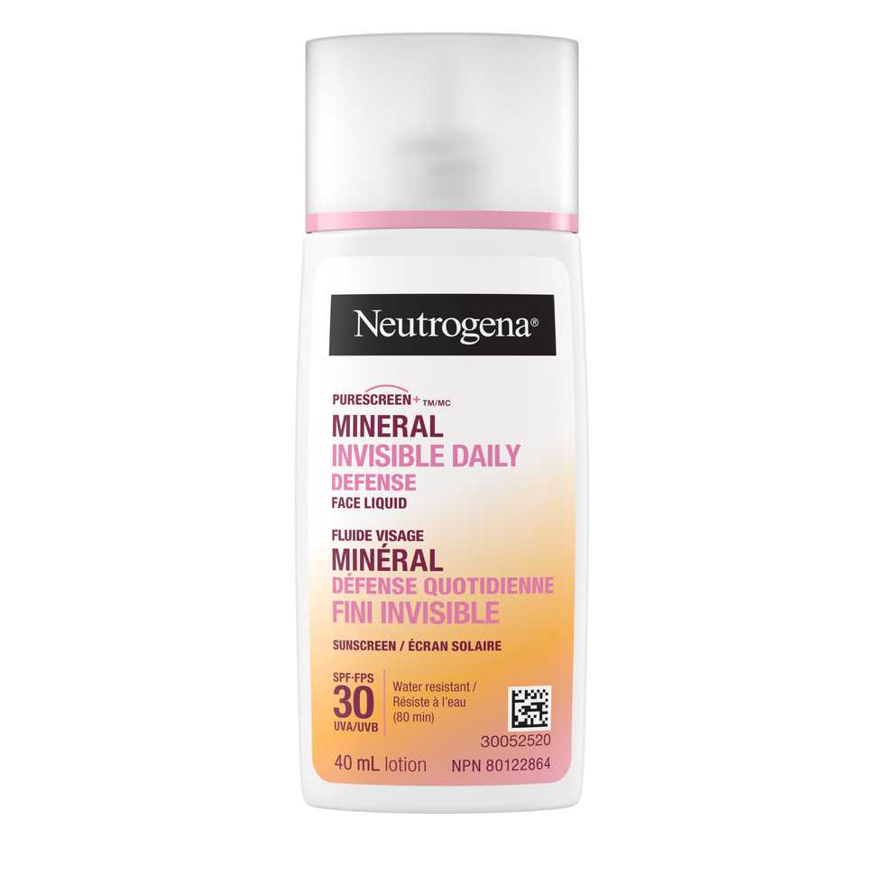 Front shot of Neutrogena® Purescreen+TM Invisible Daily Defense Mineral Face Liquid Sunscreen SPF 30, squeeze tube, 40mL