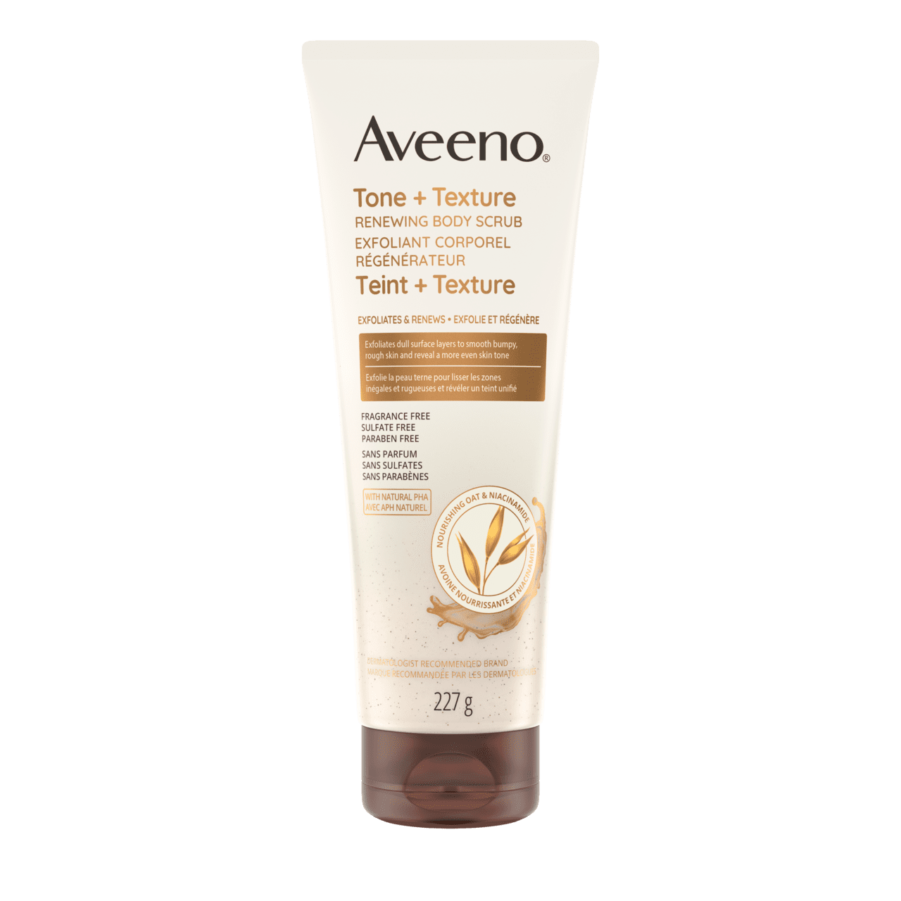 Tube de 227 g de l’exfoliant corporel régénérateur Teint + Texture Aveeno®