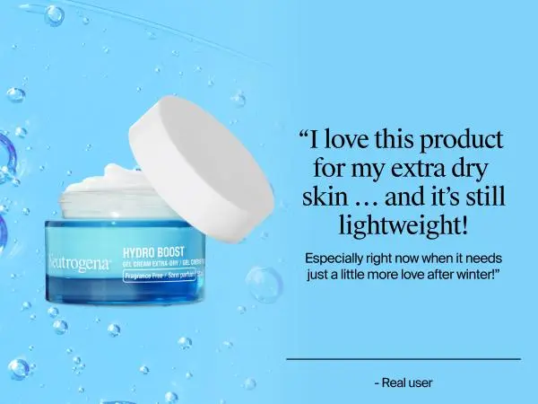 Front shot of Neutrogena Hydro Boost Gel Cream with open lid, showing the product inside next to a customer review