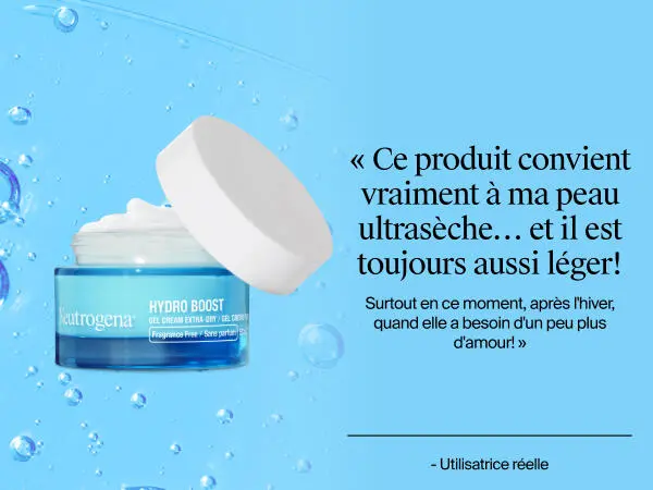 Photo de face du gel-crème Neutrogena Hydro Boost avec le couvercle ouvert, montrant le produit à l’intérieur à côté d’un avis client