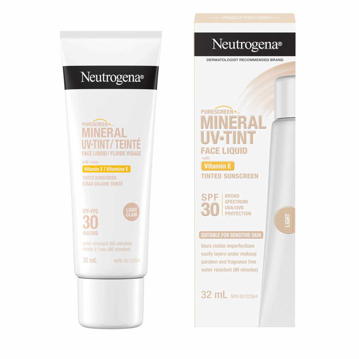 Panneaux avant du fluide visage UV-Teinté mineral NEUTROGENA® Purescreen+MC Clair, FPS 30, boîte et tube à presser de 32 ml