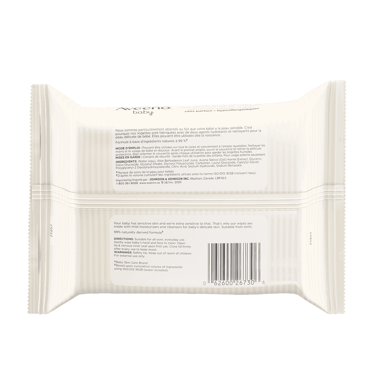 Baby Hand & Face Wipes, pack of 25 disposable wipes, back label