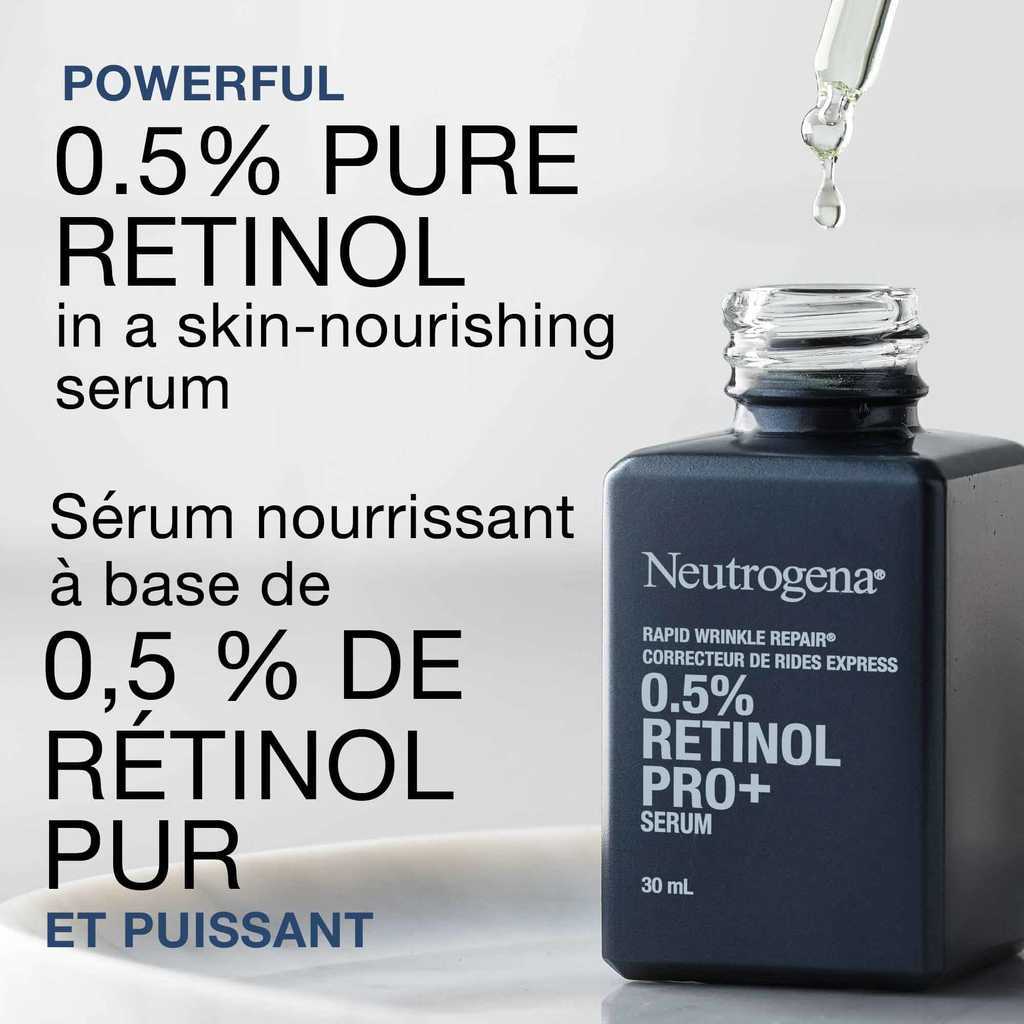 Flacon ouvert de sérum 0.5% Retinol Pro+ Correcteur de rides express et texte disant «Sérum nourrissant à base de 0,5 % de rétinol pur et puissant»