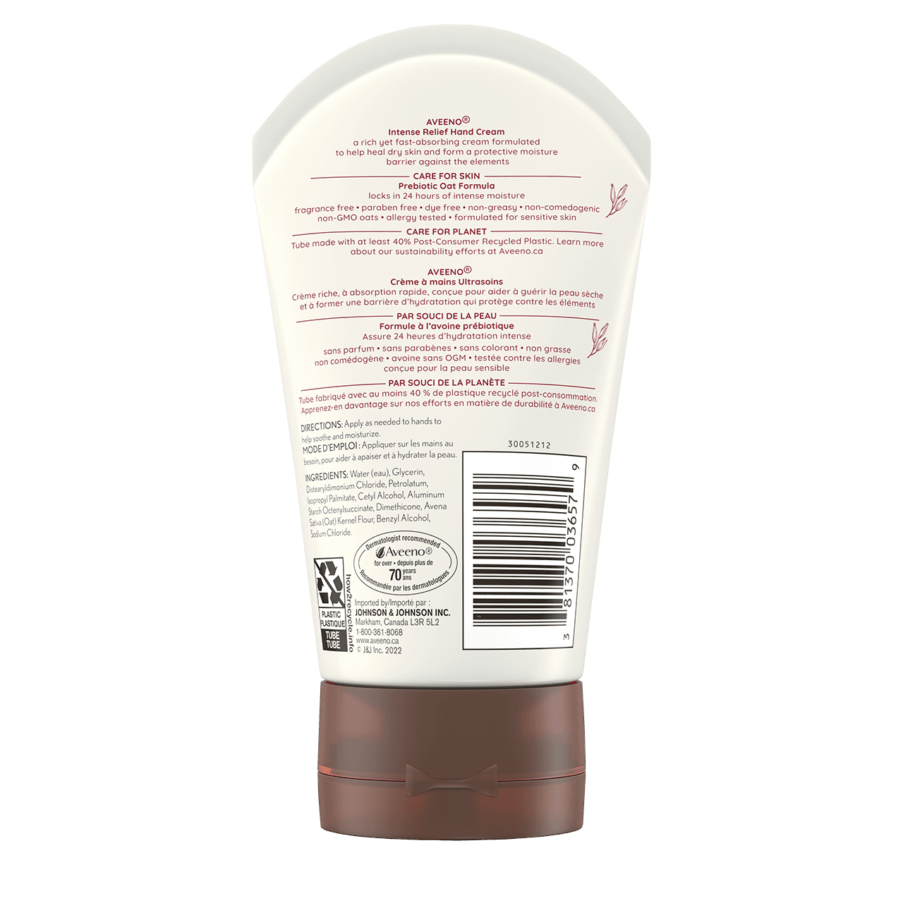 Crème à mains ultrasoins AVEENO®, non parfumée, panneau arrière du flacon à presser de 97 ml