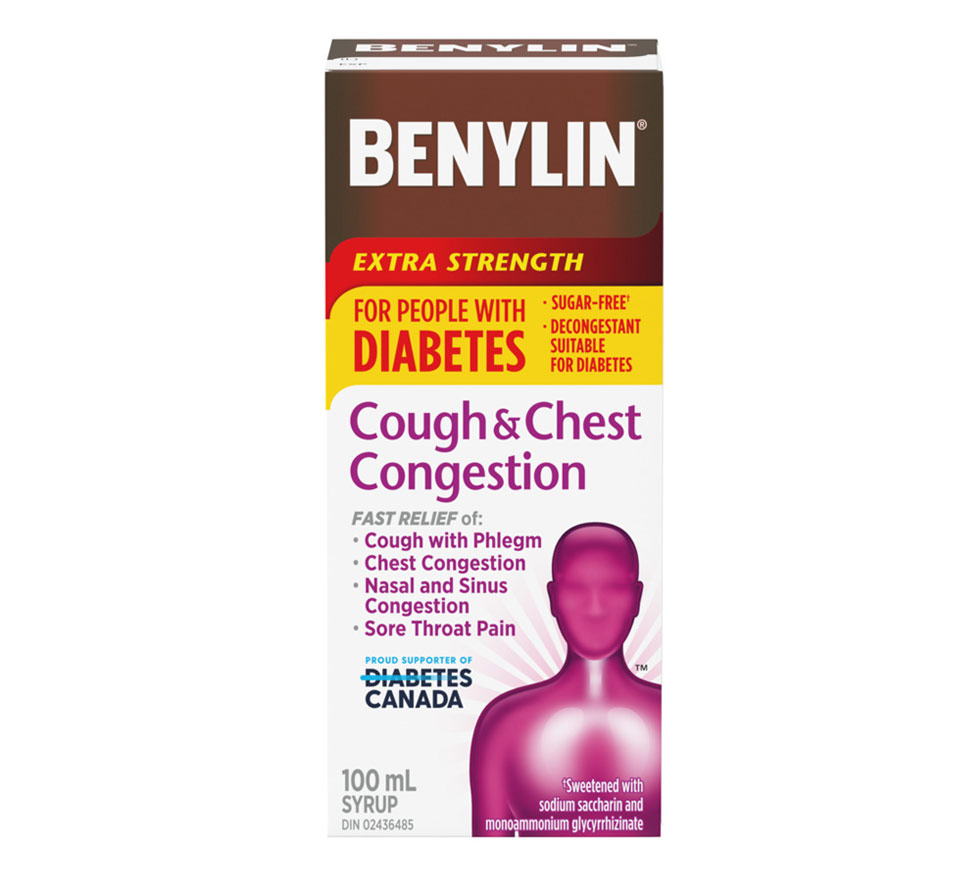 Benylin Extra Strength for People with Diabetes. Cough & Congestion Syrup for relief of: cough, chest congestion, nasal and sinus congestion and sore throat pain, 100mL.