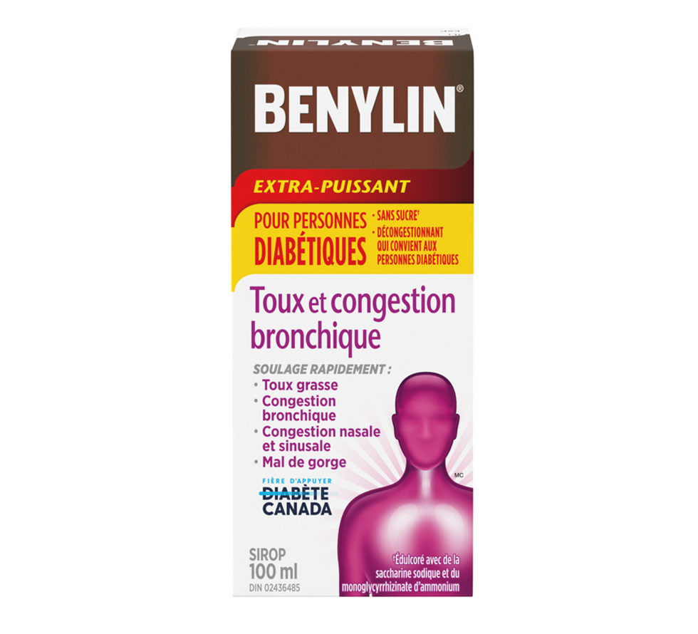 Sirop BENYLIN® Extra-puissant Toux et congestion bronchique, pour personnes diabétiques. Soulage : Toux, congestion bronchique, congestion nasale et sinusale, et mal de gorge, 100 ml.