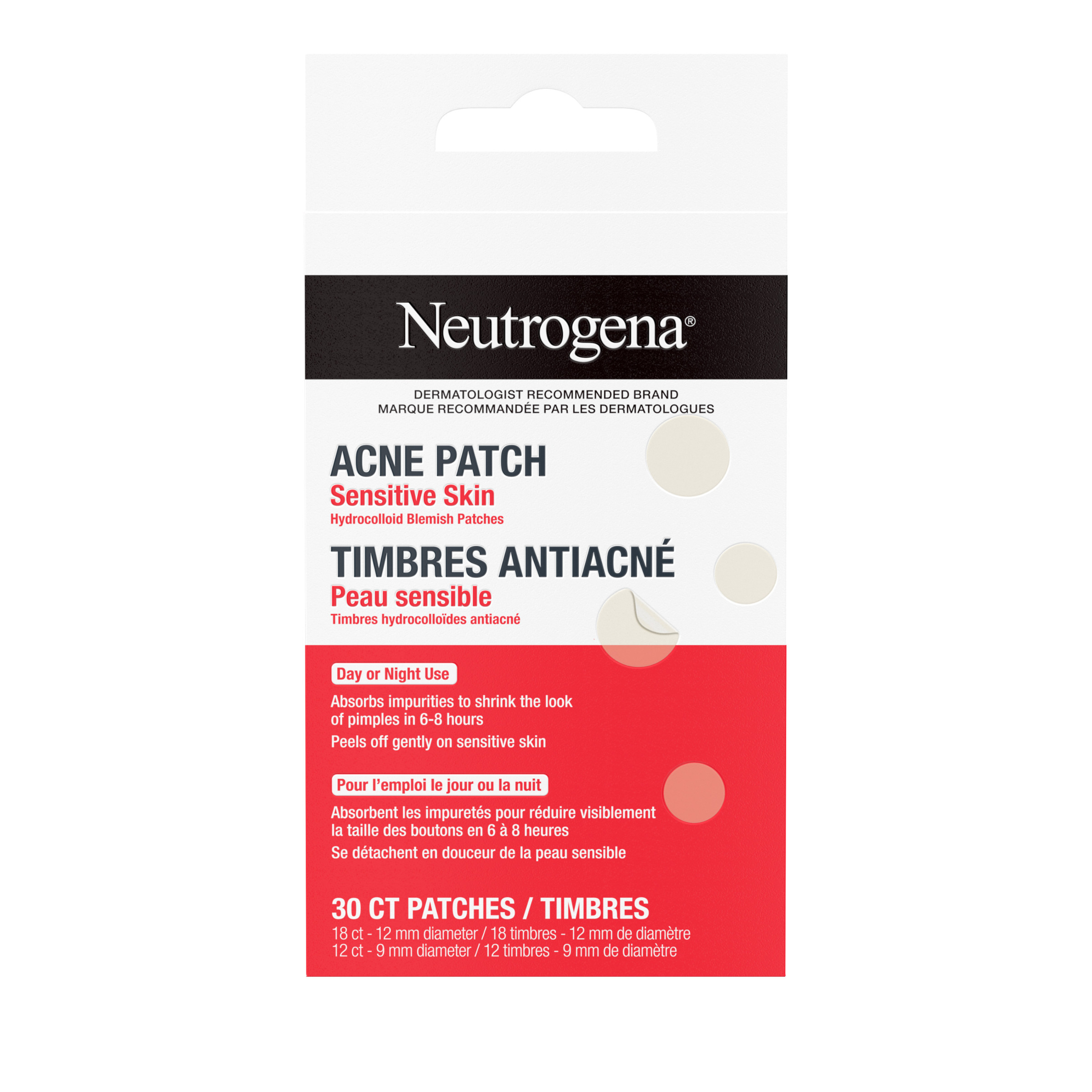 Vue de face des timbres anti-imperfections contre l’acné pour peau sensible Neutrogena®, 30 unités