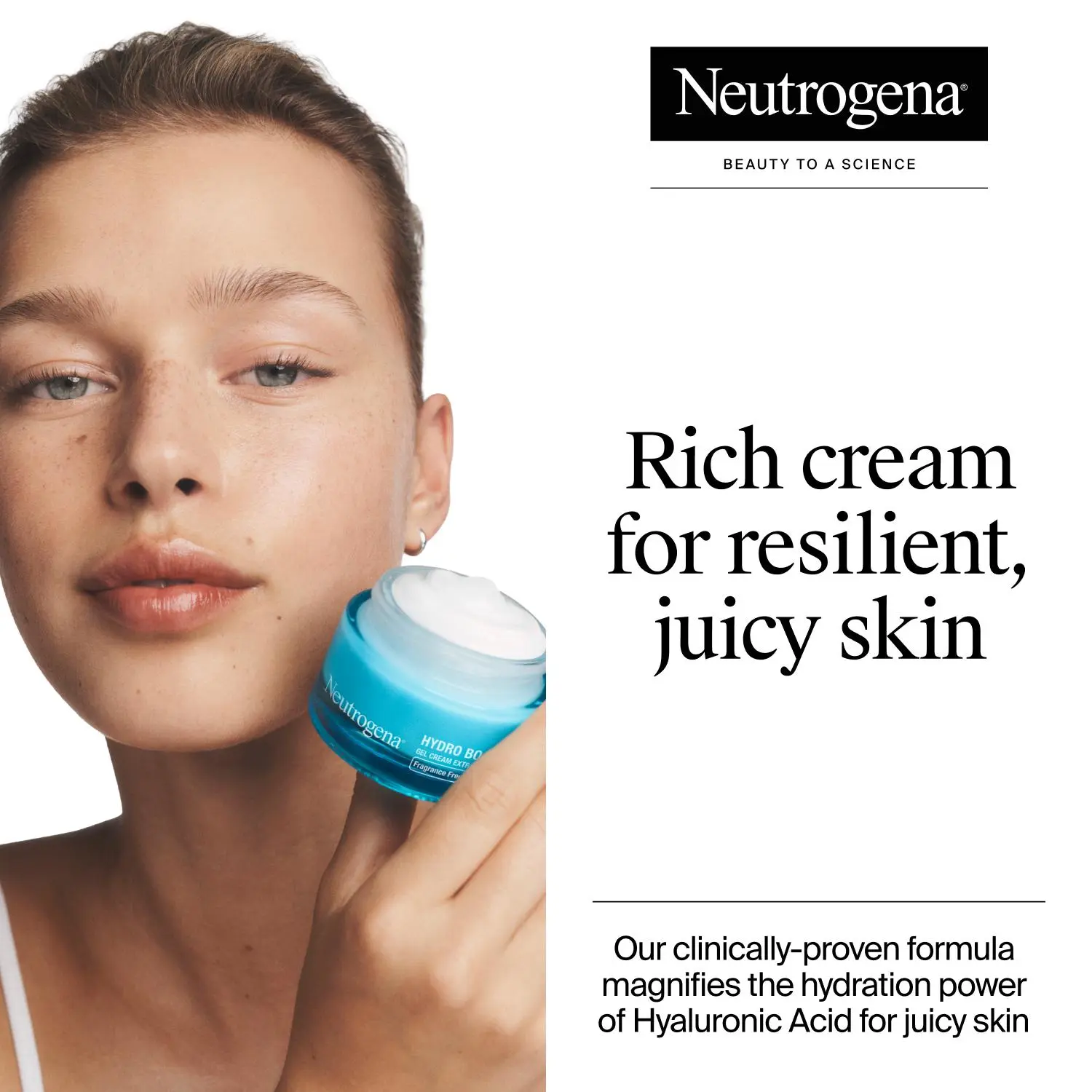 Woman holding an open jar of Neutrogena Hydro Boost Gel Cream for extra dry skin, showing lightweigh moisturizer for deep hydration