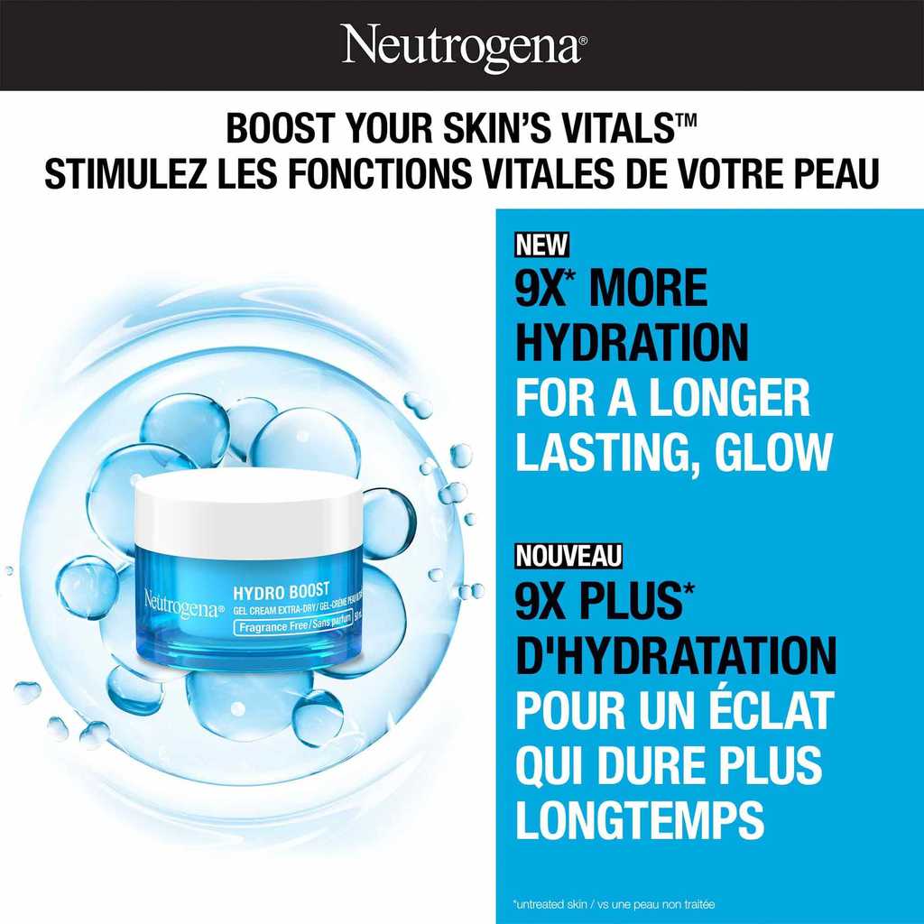 Gel-crème peau ultrasèche NEUTROGENA® Hydro Boost, avec la mention « 9 fois plus d'hydratation pour un éclat qui dure plus longtemps ».