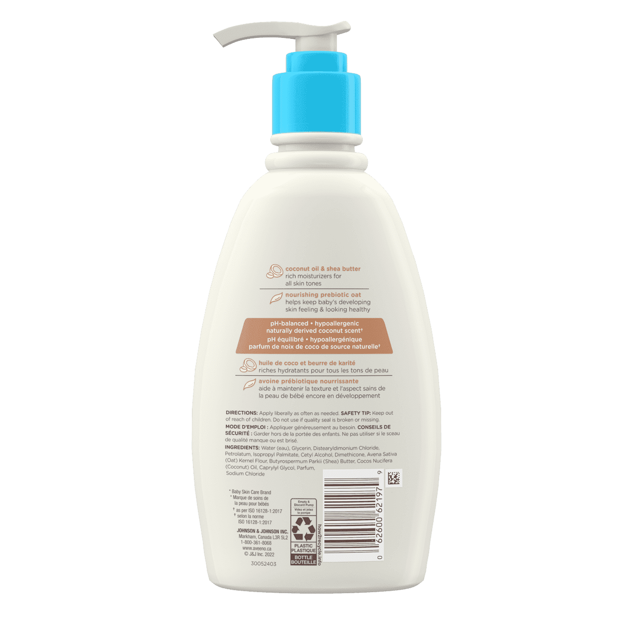 Vue arrière de la crème quotidienne pour bébés Aveeno®, huile de coco et beurre de karité