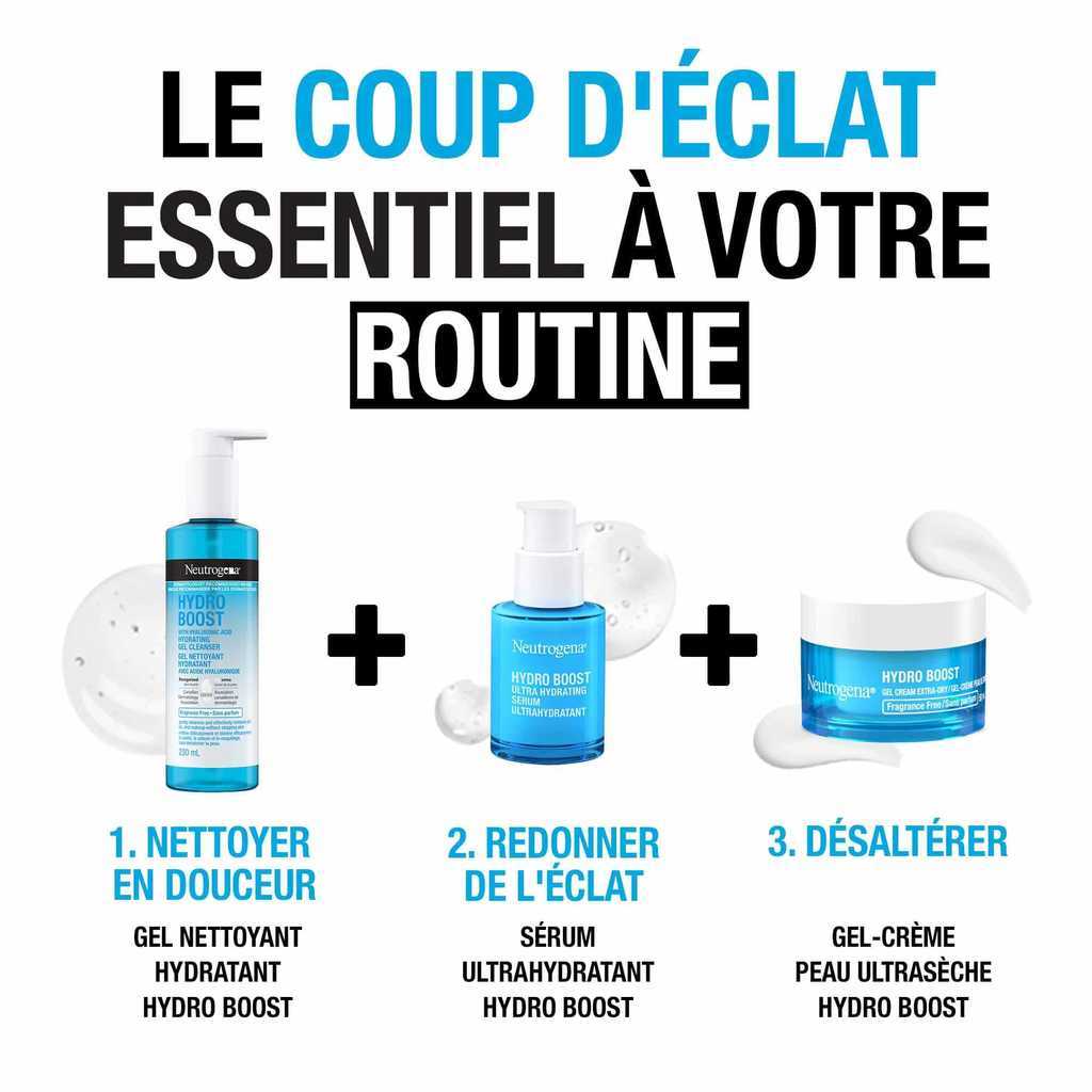 Nettoyant, sérum hydratant et gel-crème peau ultrasèche NEUTROGENA® Hydro Boost, avec la mention « Le coup d'éclat essentiel à votre routine ».