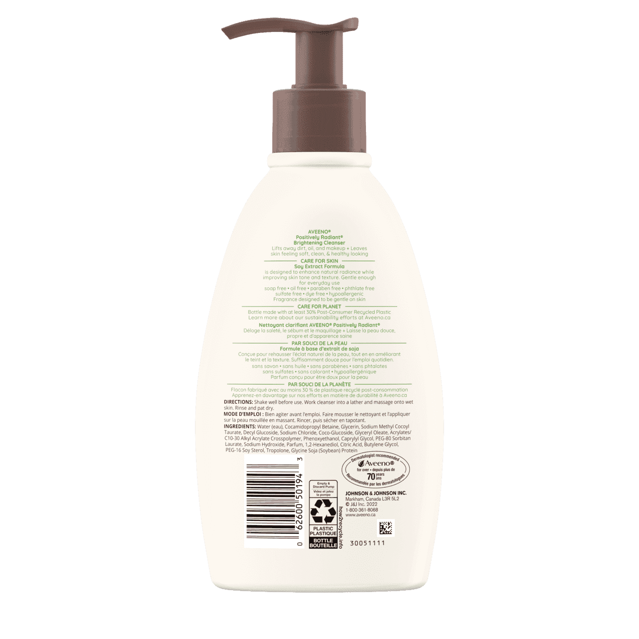 Arrière du flacon de 325 ml du nettoyant clarifiant AVEENO® Positively Radiant®