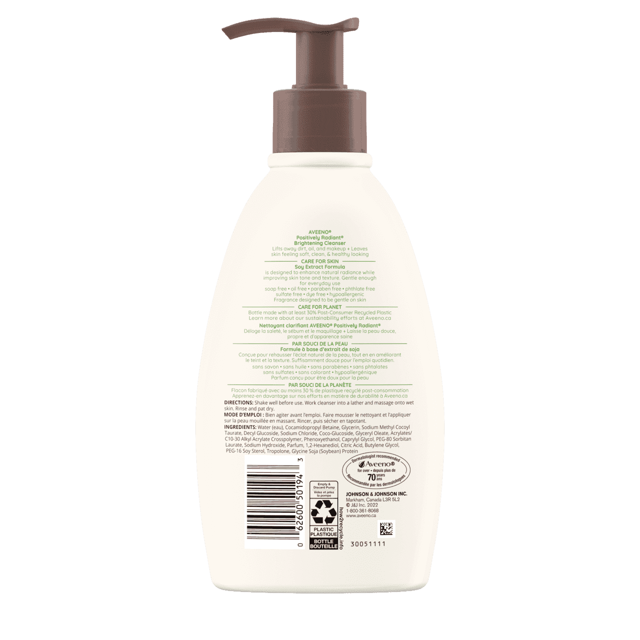 Arrière du flacon de 325 ml du nettoyant clarifiant AVEENO® Positively Radiant®