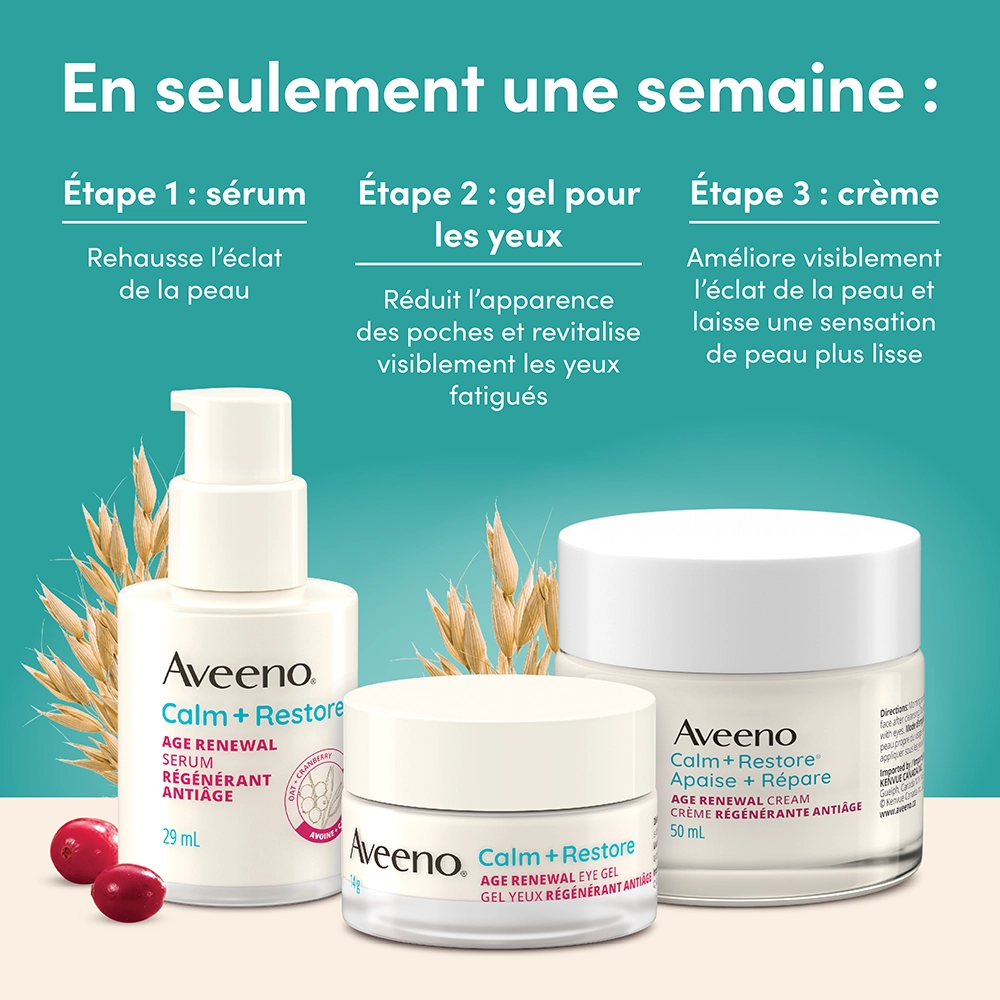 Photo du devant du sérum, du gel pour les yeux et de la crème pour le visage AVEENO® Calm + Restore