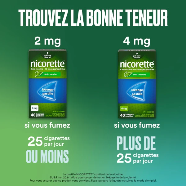 Pastille de Nicotine NICORETTE®, Menthe en 2mg et 4mg avec une déclaration "Trouvez la bonne teneur"