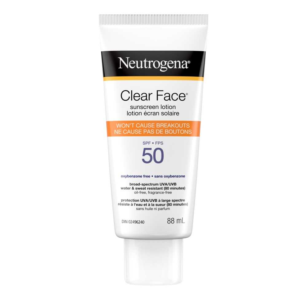 Front shot of Neutrogena® Clear Face® Sunscreen Lotion SPF 50 squeeze tube, 88mL