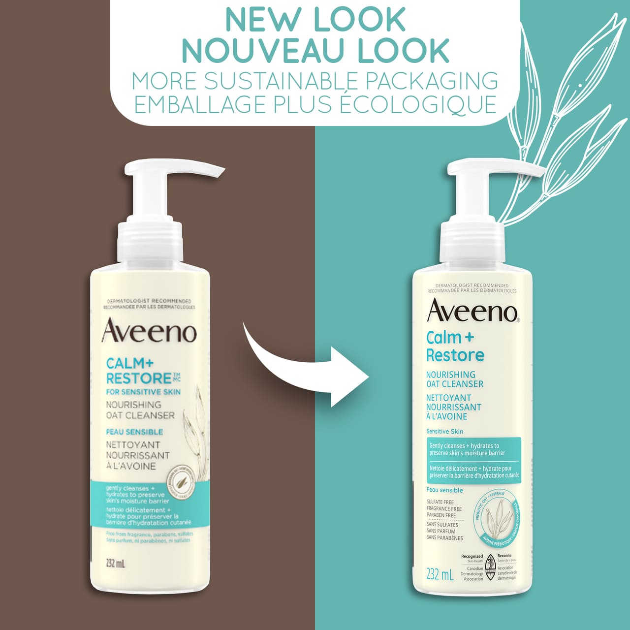 Ancien et nouveau flacon-pompe du nettoyant nourrissant à l'avoine AVEENO® Calm + Restore de 232 ml, avec mention « nouveau look »