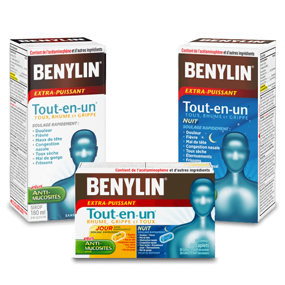 Trois sirops BENYLIN® Tout-en-un pour le rhume, la toux et la grippe, en formules pour le jour ou la nuit