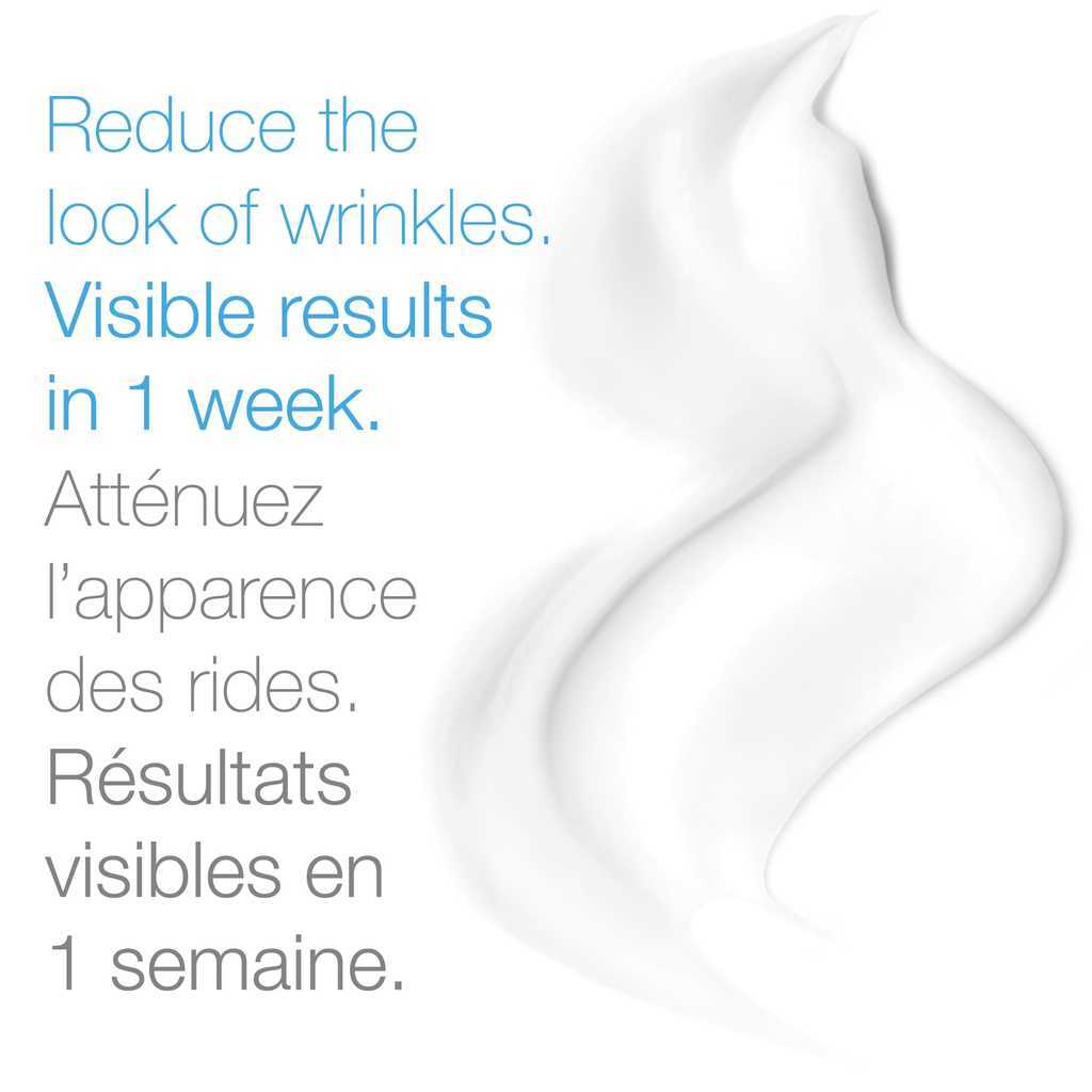 Cream spread out with text, 'reduce the look of winkles. Visible results in 1 week'